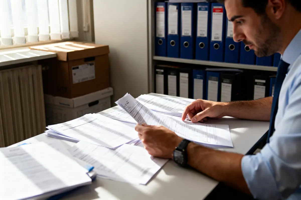 Un homme examine des documents à son bureau, entouré de classeurs et de boîtes archivées.
