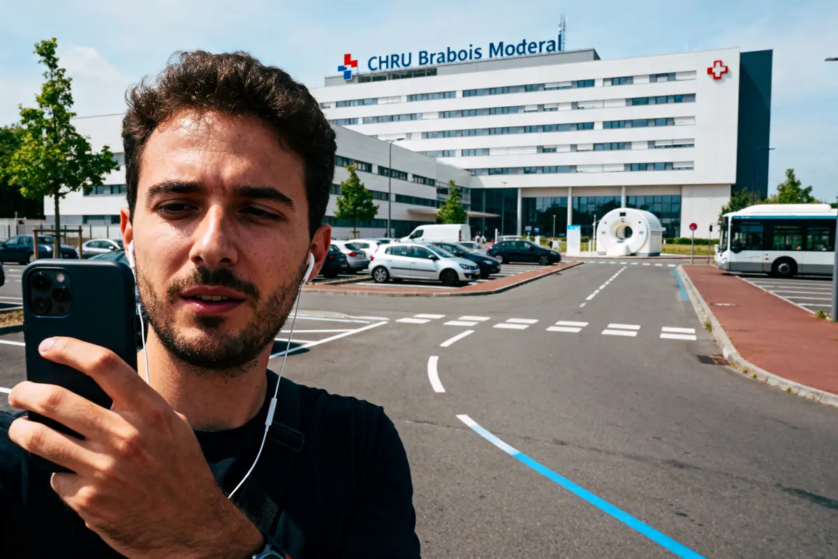 Homme avec téléphone devant le CHRU Brabois, bâtiment moderne et parking, écouteurs blancs.