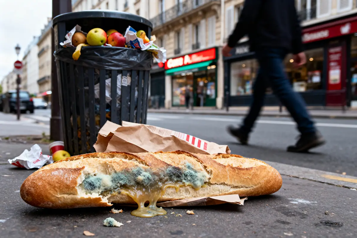 Pain moisi à côté d'une poubelle débordante sur un trottoir, personne floue en arrière-plan.