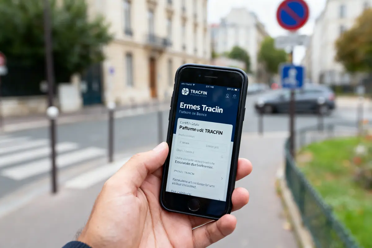 Main tenant un smartphone avec application TRACFIN ouverte, fond urbain flou, panneaux de signalisation visibles.