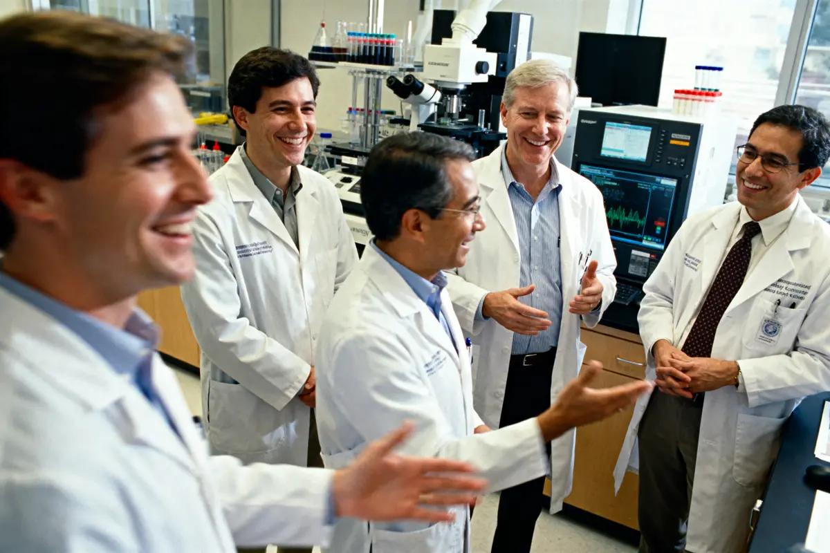 Cinq scientifiques en blouses blanches discutent et sourient dans un laboratoire moderne avec équipements de recherche.
