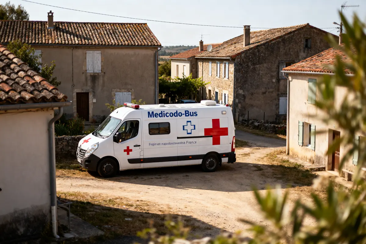 Un Medicobus stationné dans un village rural entouré de maisons traditionnelles françaises sous un ciel clair.