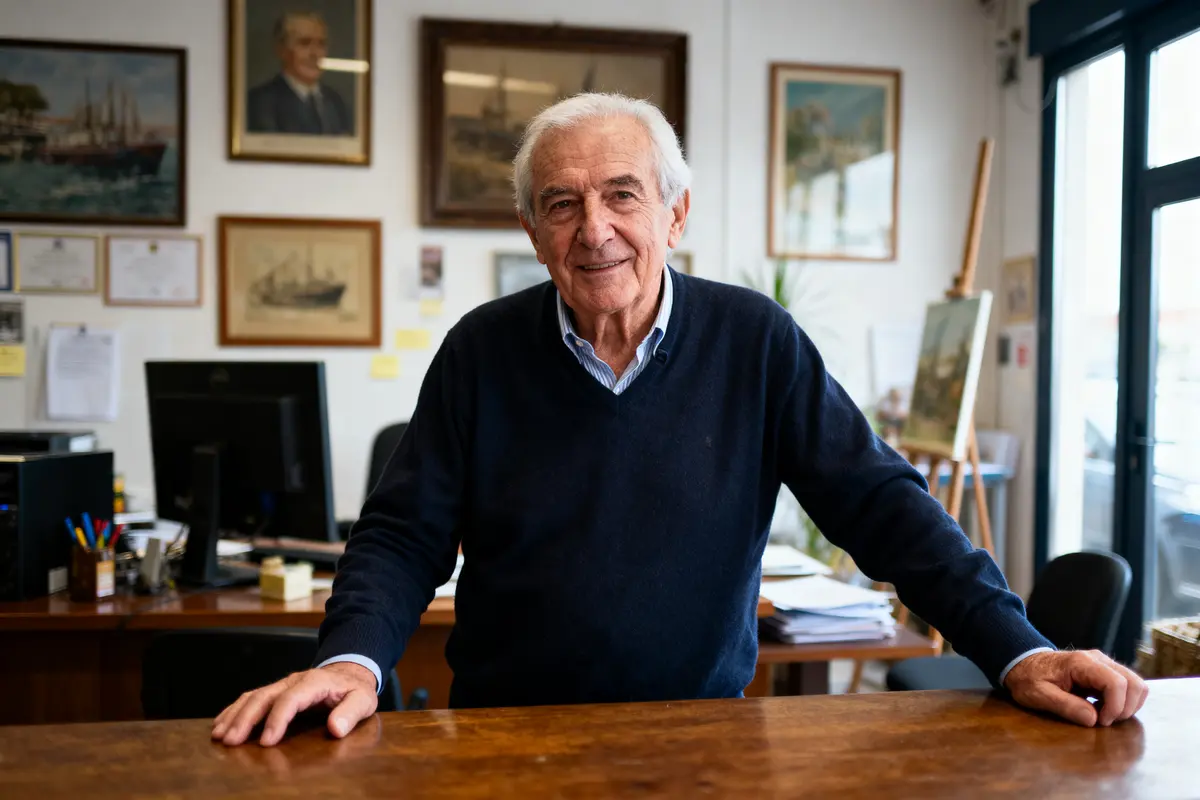 Homme âgé souriant, debout dans un bureau entouré de tableaux et papiers, bureau en bois au premier plan.