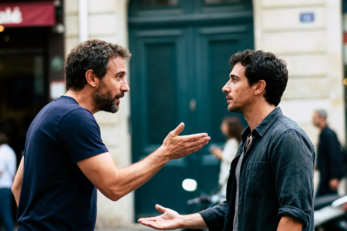 Deux hommes discutent vivement dans la rue devant une porte bleue, gestes expressifs, discussion animée.
