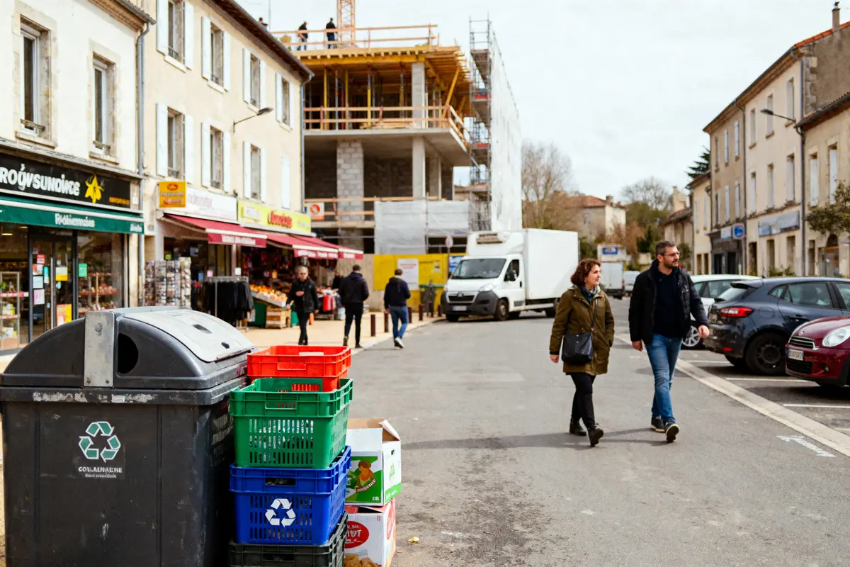 Rue animée avec commerces, piétons, voitures garées, construction en cours et bac de recyclage au premier plan.