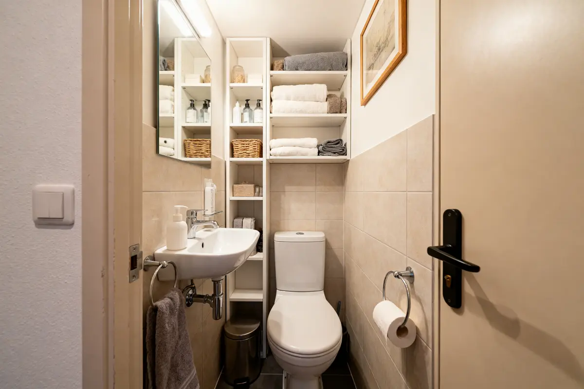 Petite salle de bain avec WC, lavabo, rangement organisé et décoration murale. Éclairage moderne et fonctionnel.