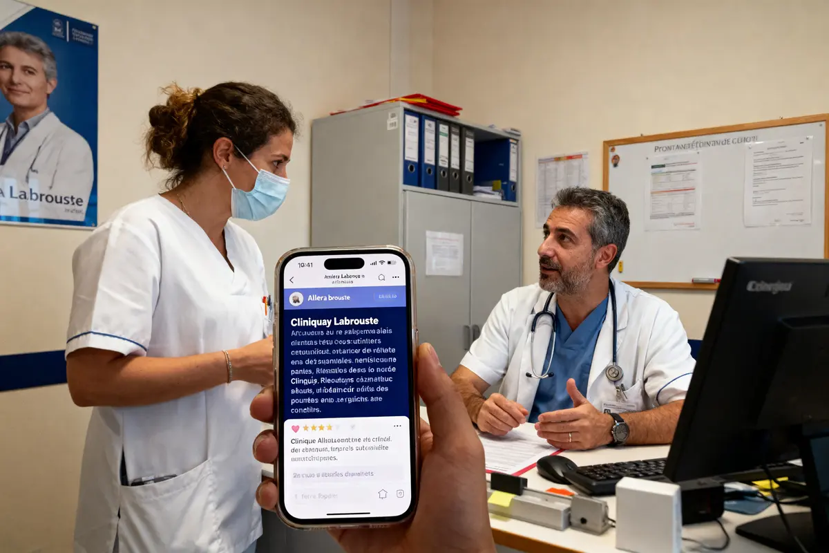 Deux professionnels de santé discutent dans un bureau avec un smartphone affichant la page d'une clinique.