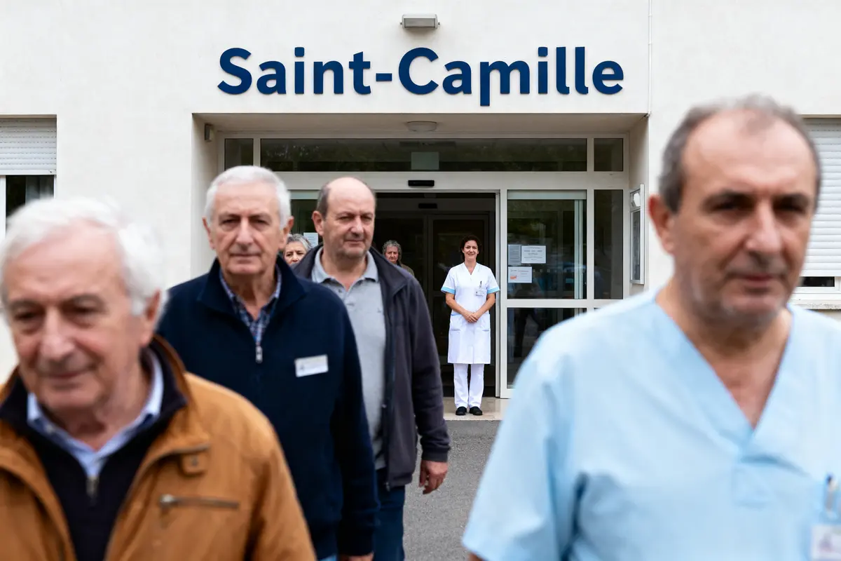 Des personnes sortent d'un bâtiment nommé Saint-Camille, une soignante en uniforme se tient à l'entrée.