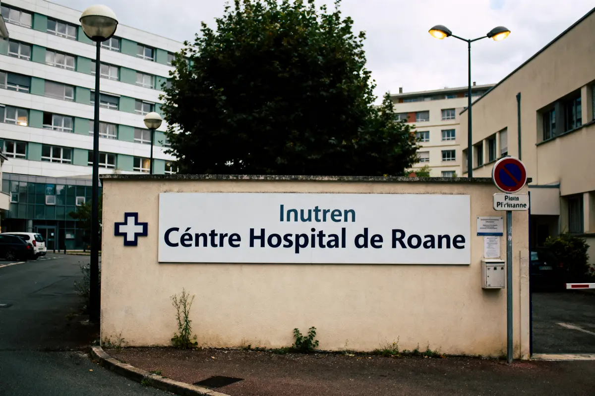 Panneau "Centre Hospitalier de Roane" devant un bâtiment avec lampadaires et arbres en arrière-plan.