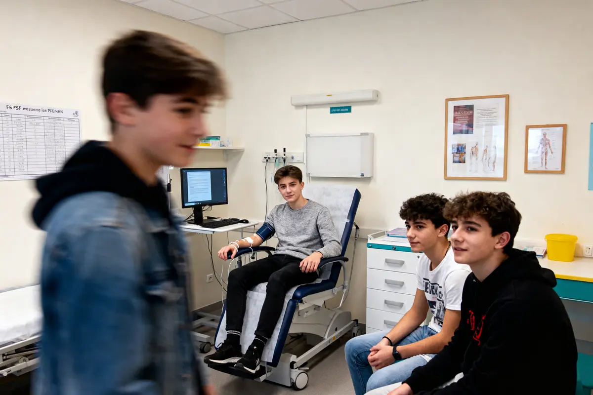 Des adolescents dans une salle de consultation médicale, dont un assis sur un fauteuil médical.