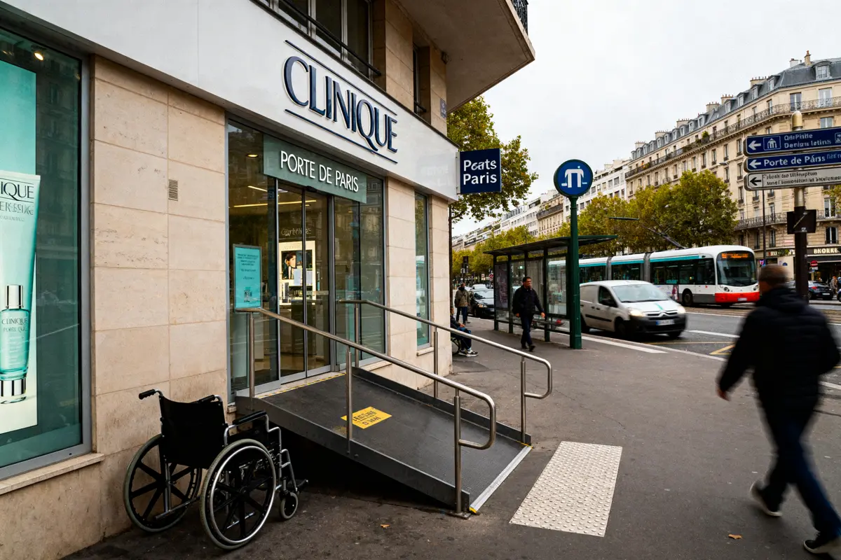 Entrée de clinique avec rampe et fauteuil roulant. Rue urbaine avec bus, voitures et passants à proximité.