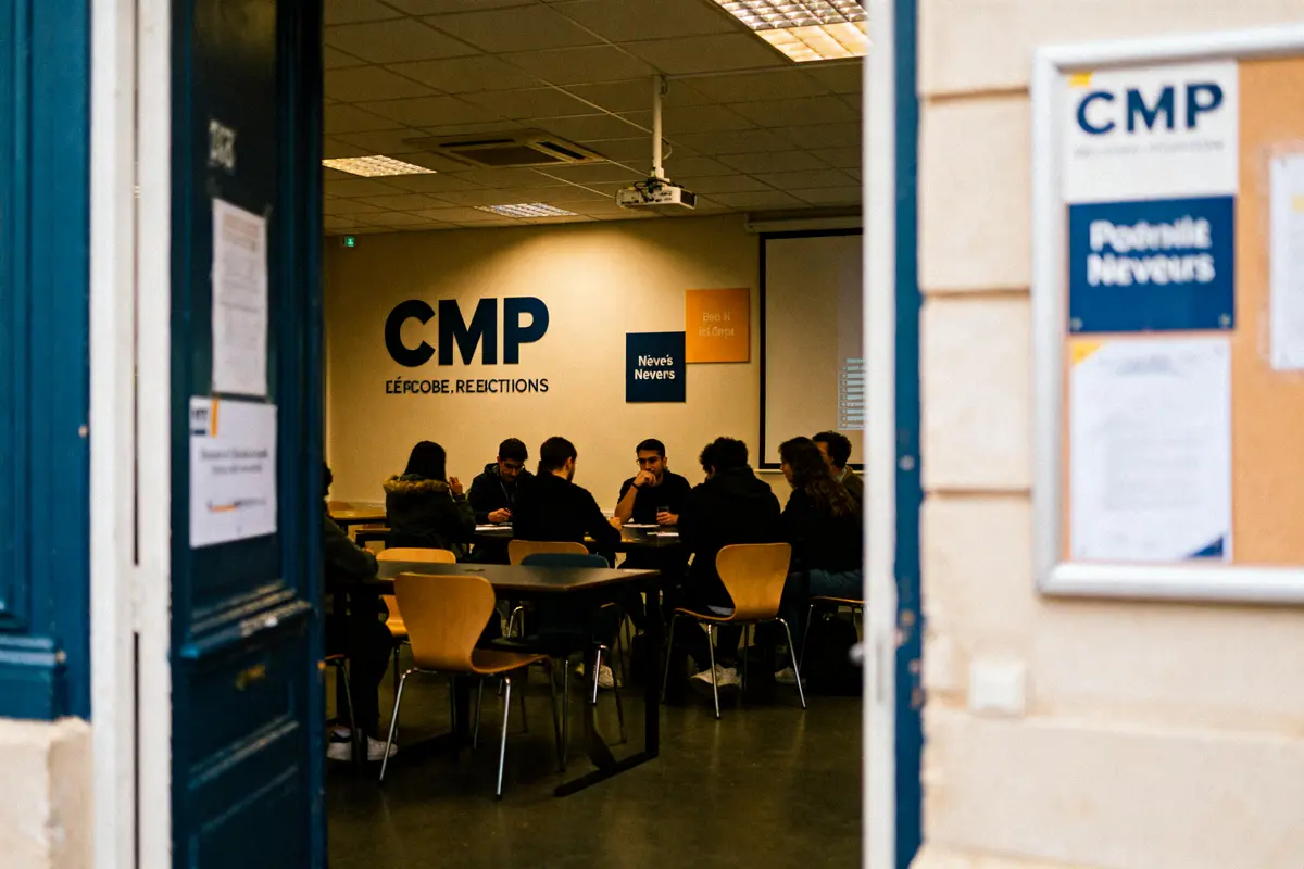 Salle de classe CMP avec étudiants assis autour de tables, entrevue par une porte ouverte.