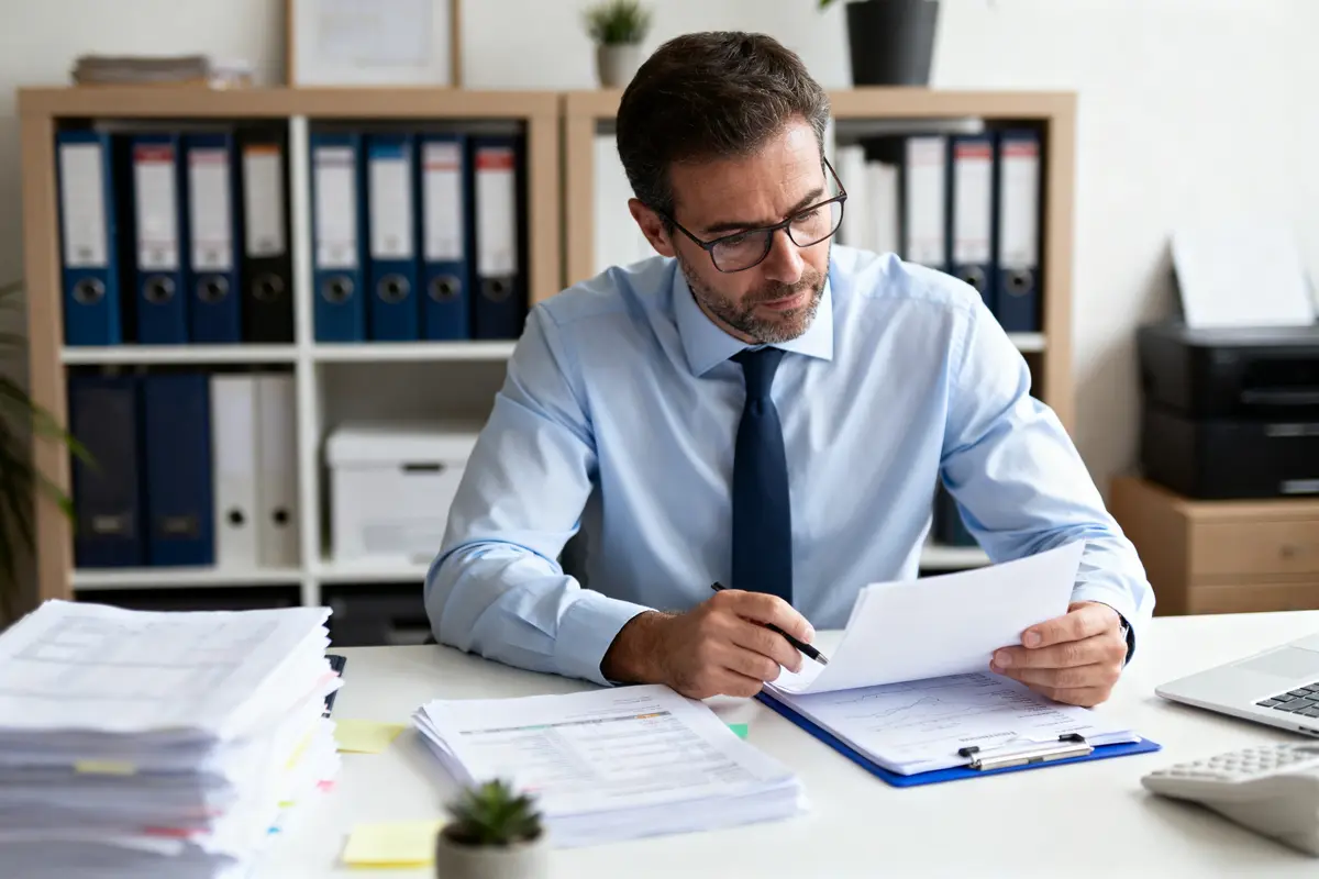 Homme en chemise bleue analysant des documents à son bureau, avec dossiers et ordinateur portable en arrière-plan.