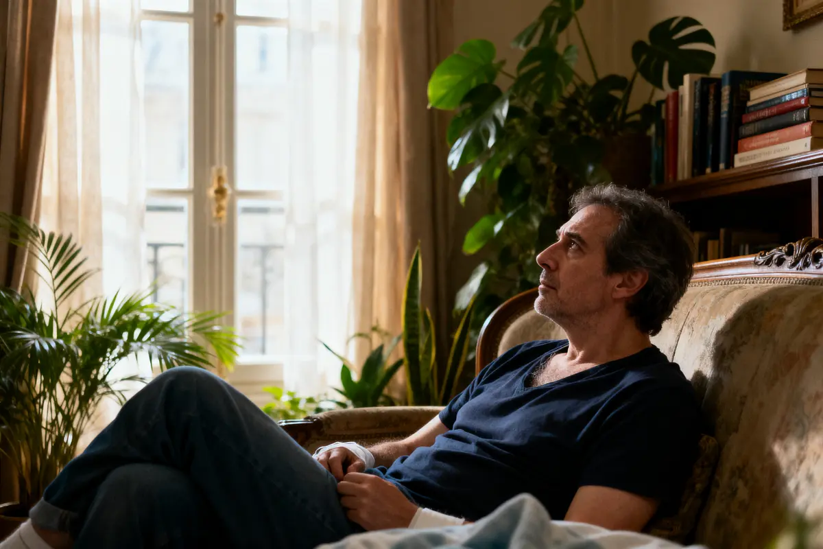 Homme pensif assis sur un canapé, entouré de plantes, près d'une fenêtre lumineuse.