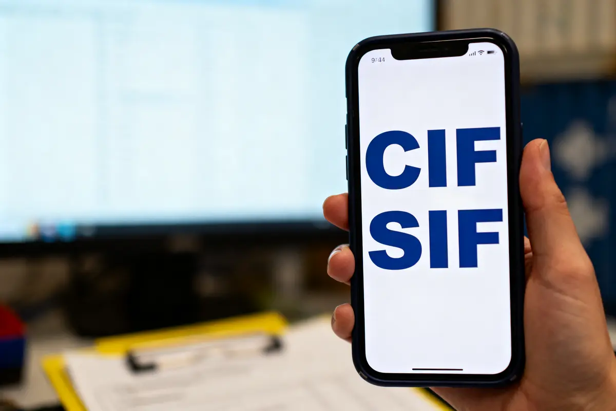 Main tenant un smartphone affichant "CIF SIF", écran d'ordinateur en arrière-plan.