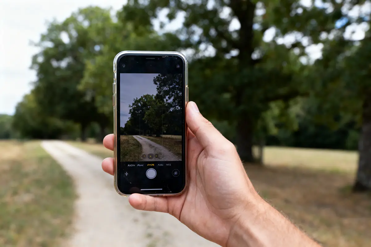 Main tenant un smartphone photographiant un chemin de campagne bordé d'arbres sous un ciel nuageux.