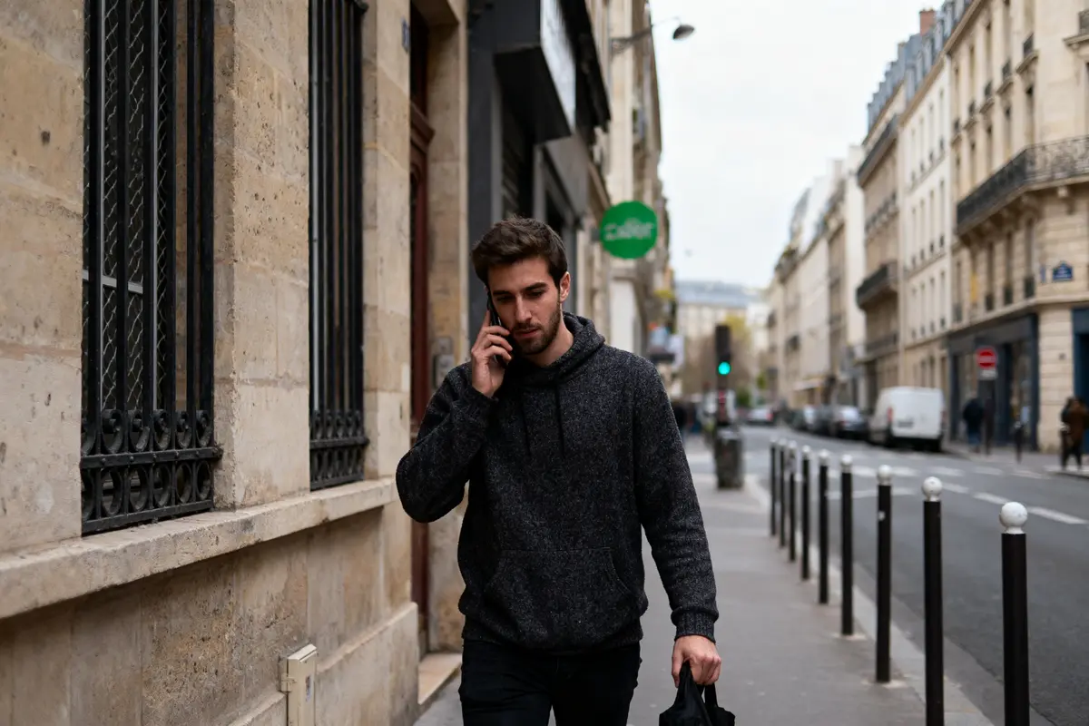 Un homme marche en ville, parlant au téléphone, tenant un sac, bâtiments en arrière-plan.