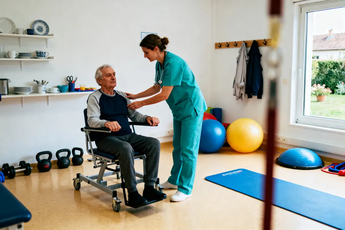 Une infirmière assiste un homme âgé sur une chaise roulante dans une salle de rééducation lumineuse.