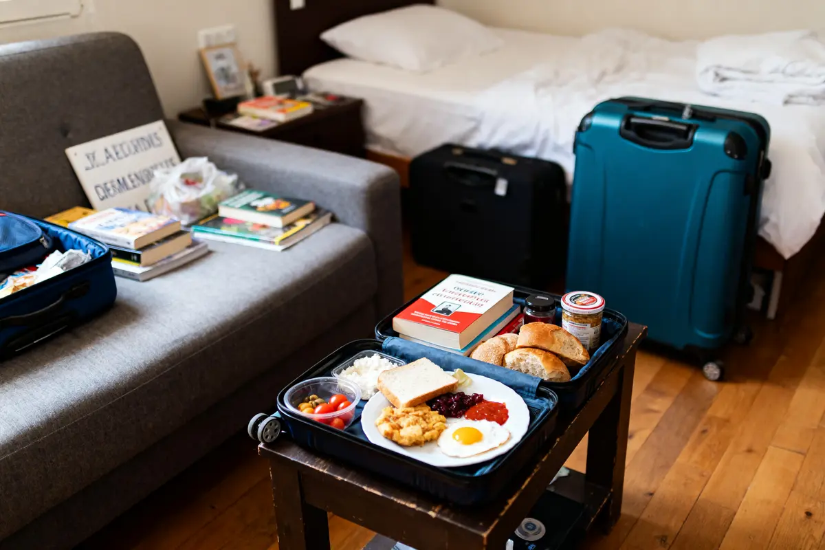 Petit déjeuner sur valise ouverte avec livres, canapé, lit et bagages en arrière-plan.