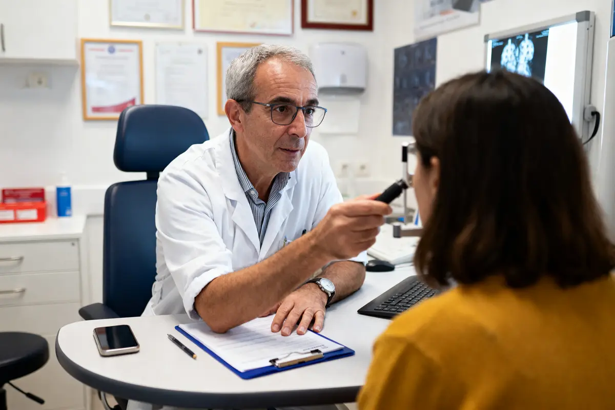 Médecin examinant les yeux d'une patiente dans un cabinet médical, papiers et écran en arrière-plan.