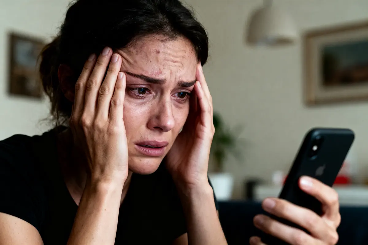 Femme inquiète tenant un smartphone, exprimant de l'angoisse et du stress, dans un intérieur domestique.