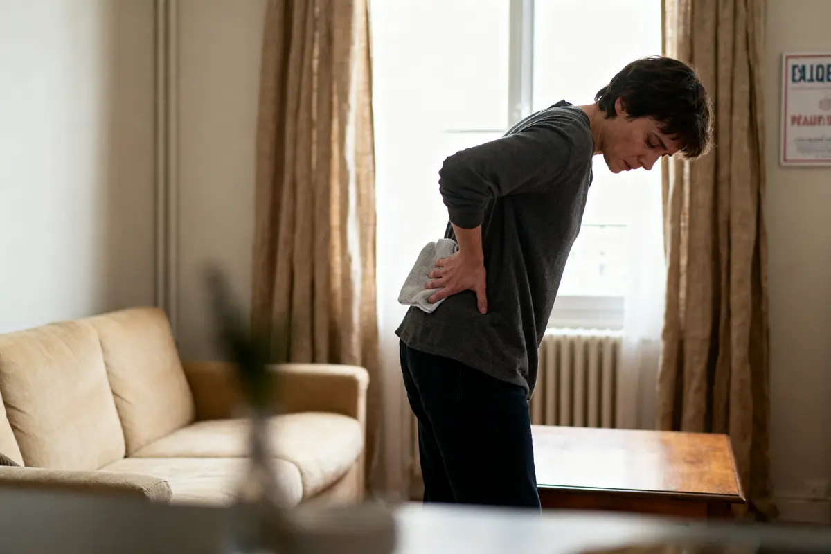 Une personne avec compresse sur le dos, souffrant, dans un salon bien éclairé avec canapé beige.