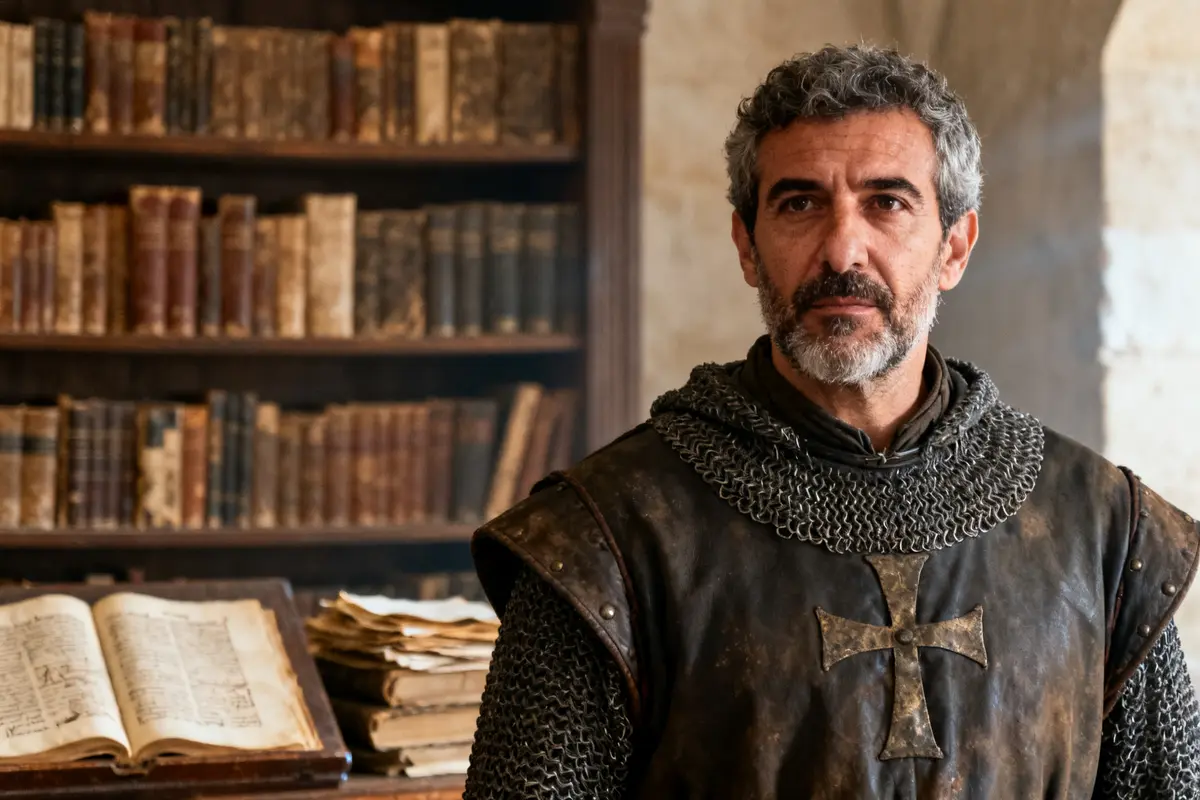 Personnage médiéval devant livres anciens, évoque Arnaud de Villeneuve historien et érudit