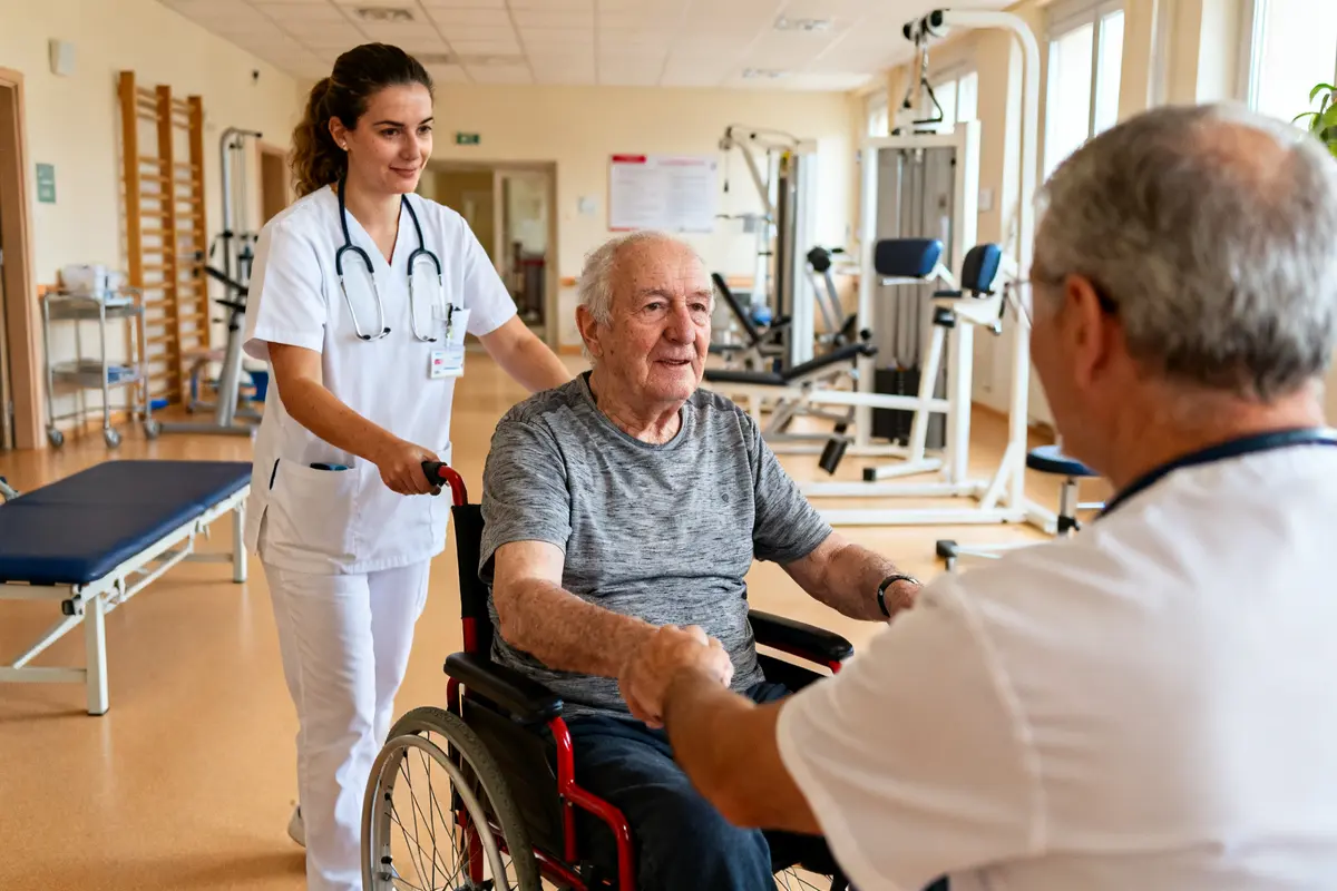 Un soignant aide un résident en fauteuil roulant à Korian Rougemont dans une salle de sport.