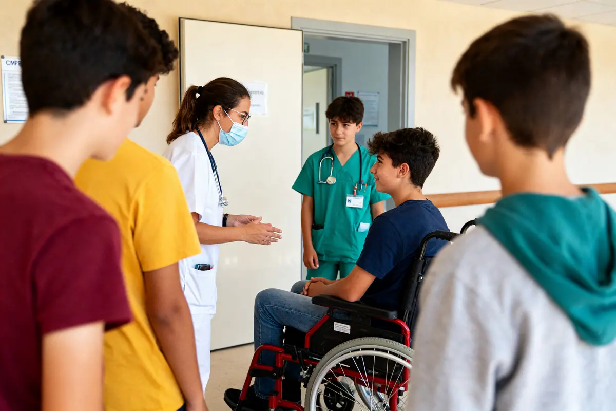 Personnels soignants et étudiants au CMPEA de Carpentras en discussion avec un adolescent handicapé