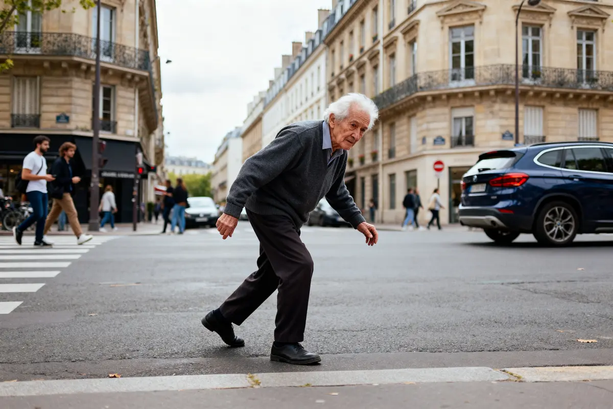 Personne âgée traversant une rue avec une perte d'équilibre visible.